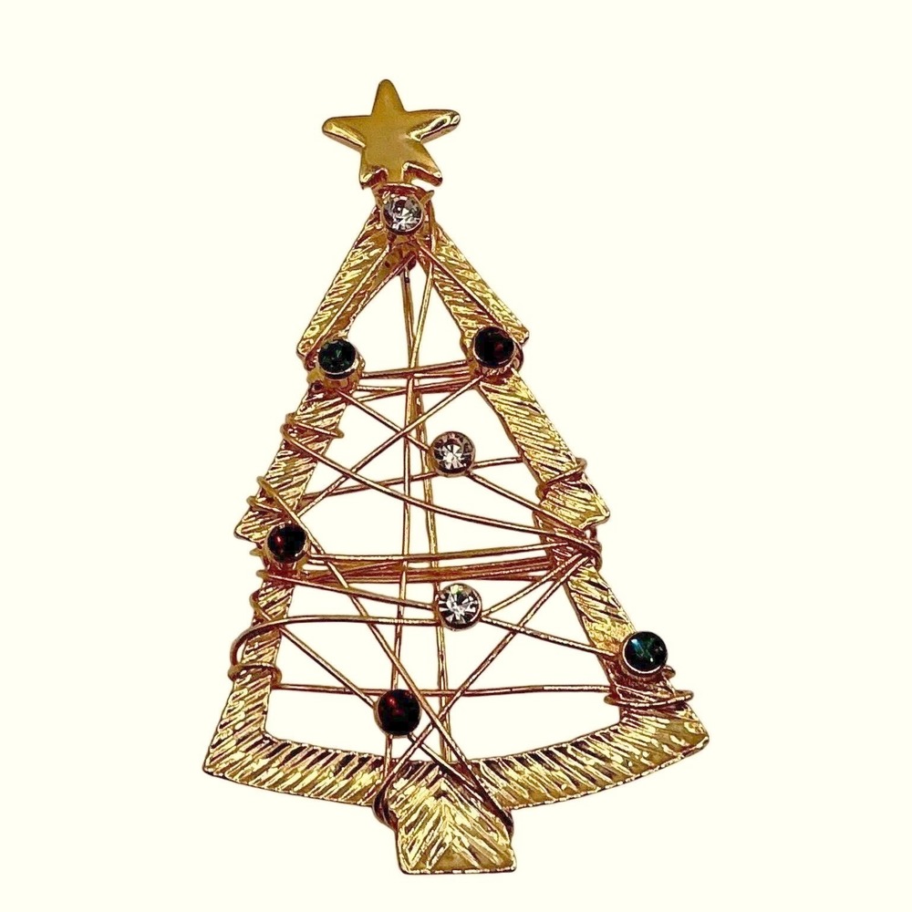 Vintage Large Christmas Tree Brooch Open Work Wire Design Rhinestone 3"